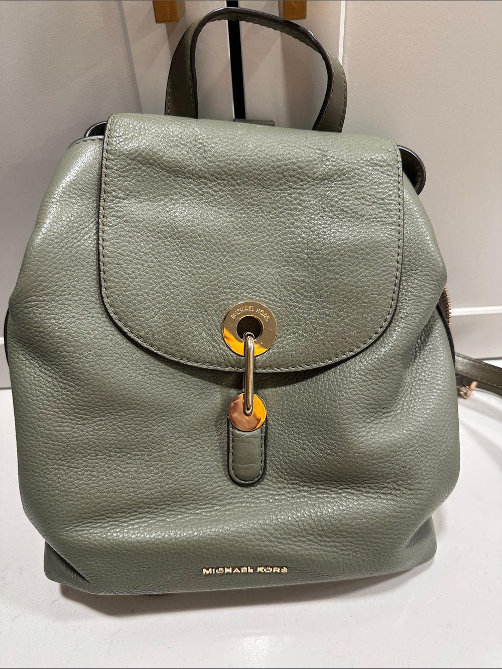 MICHAEL KORS olive green Pebbled Leather Backpack with Gold Hardware